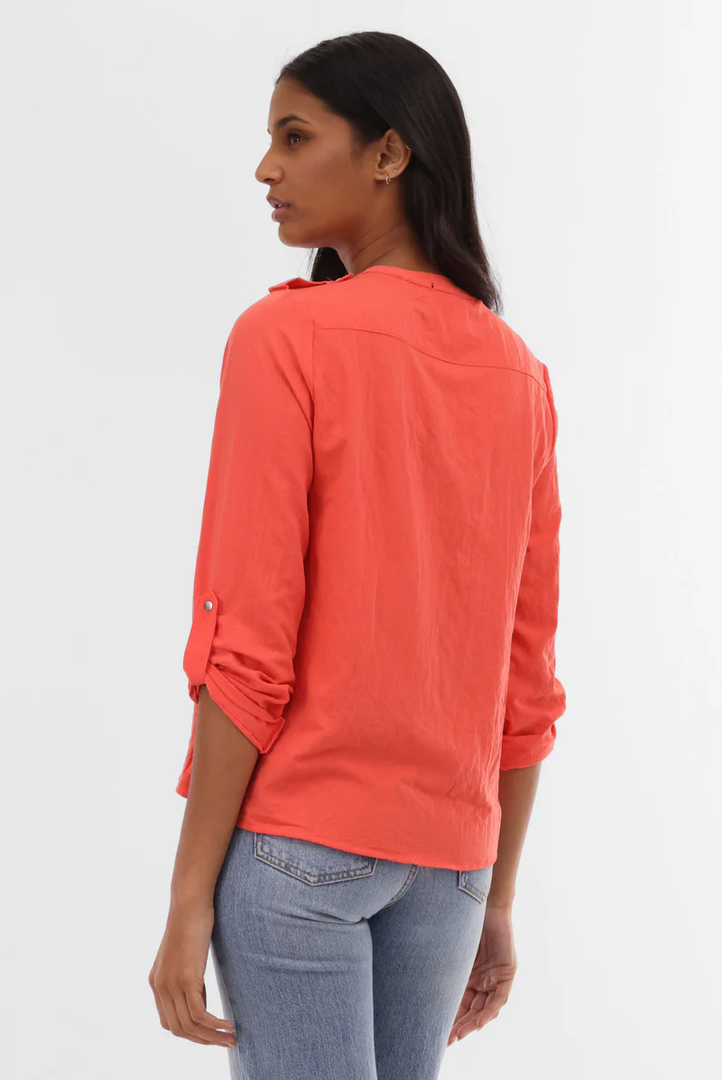 Roll Up Sleeve Utility Pocket Blouse - Coral
