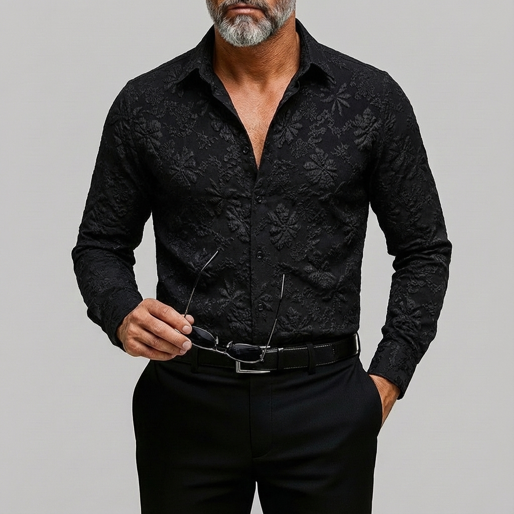 Men's White 3D Floral Embossed Shirt Collar Single Breasted Long Sleeve Shirt