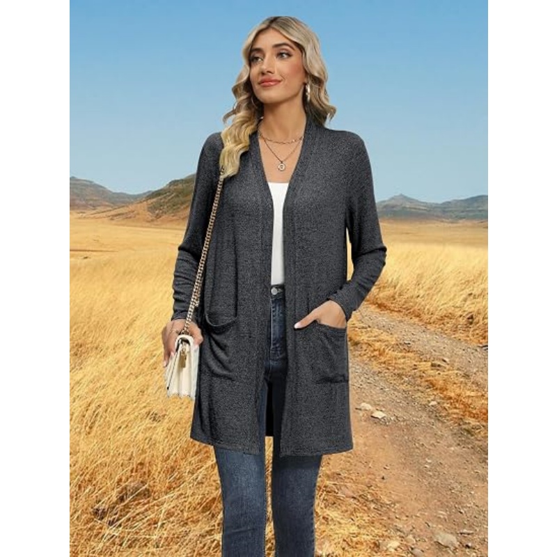 Women Lightweight Open Front Cardigan Long Sleeve Mid‑Length Casual Knit Sweater Cardigan with Side Pockets