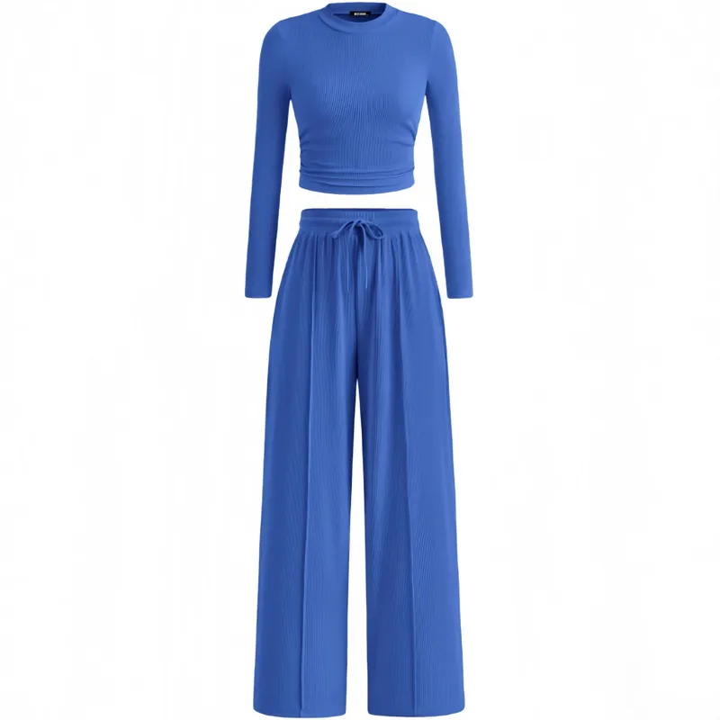 2-Piece Lounge Set – Ribbed Knit Long Sleeve Crop Top & Wide Leg Pants