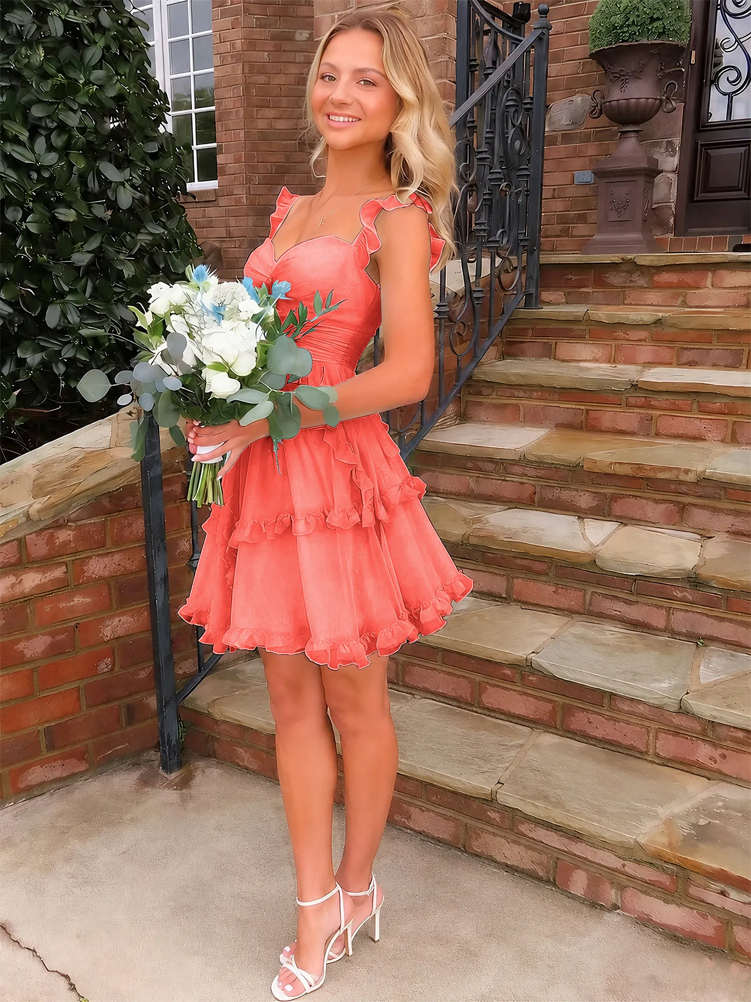 Sweetheart Ruffle Strap Tiered Chiffon Mini Homecoming Dress