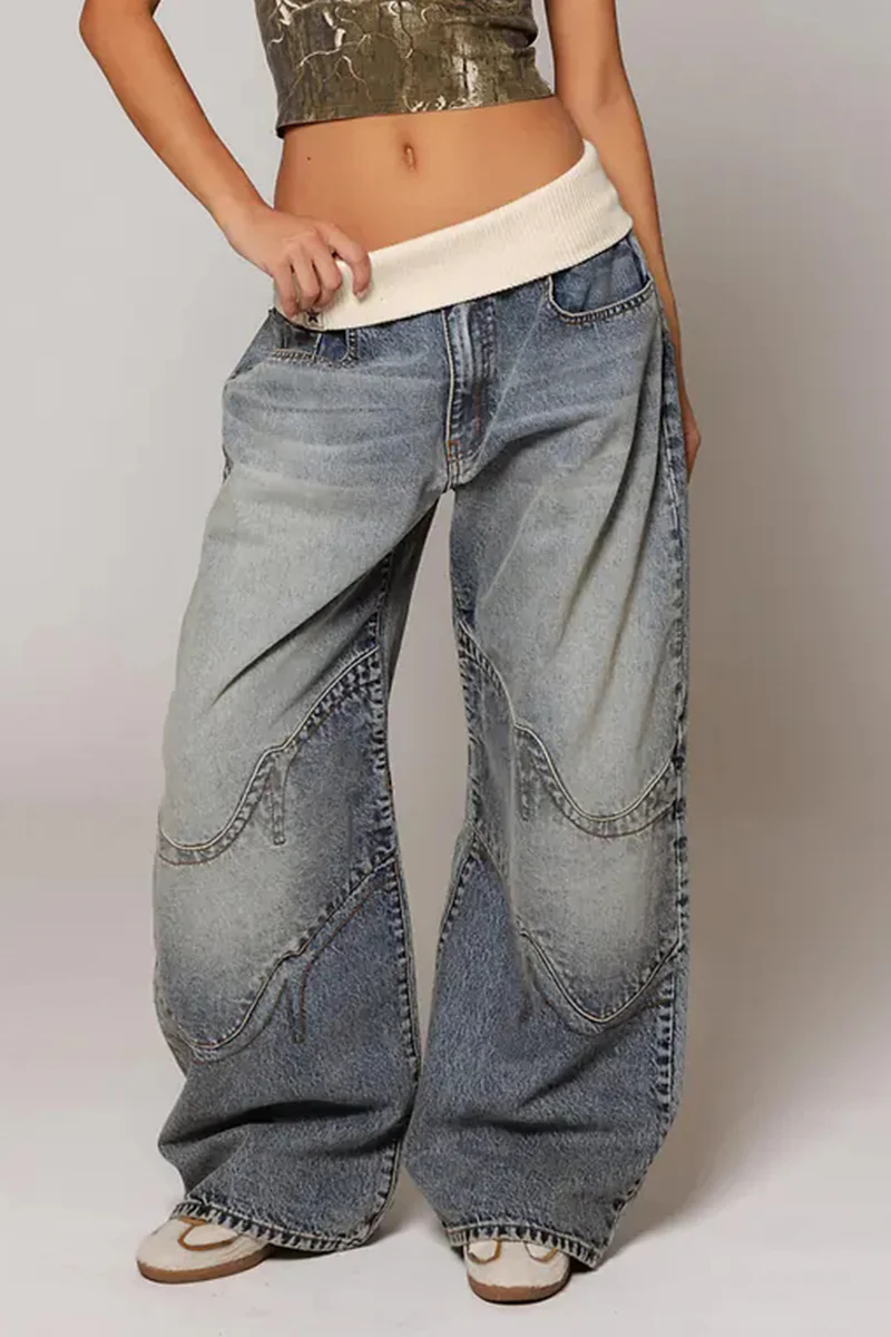 Women Patchwork Knitted Washed Casual Jeans