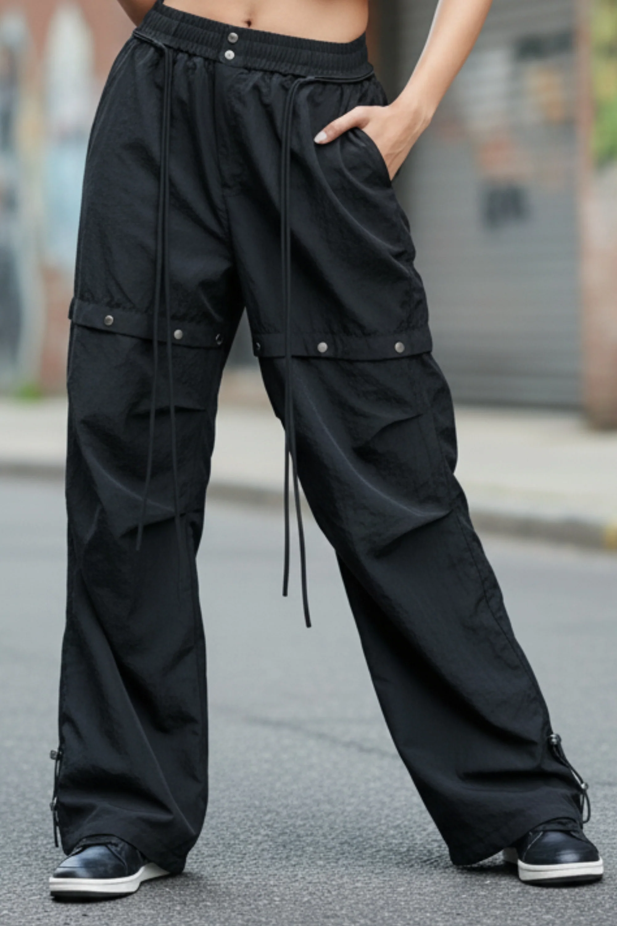 Black Cargo Pants with Snap Buttons