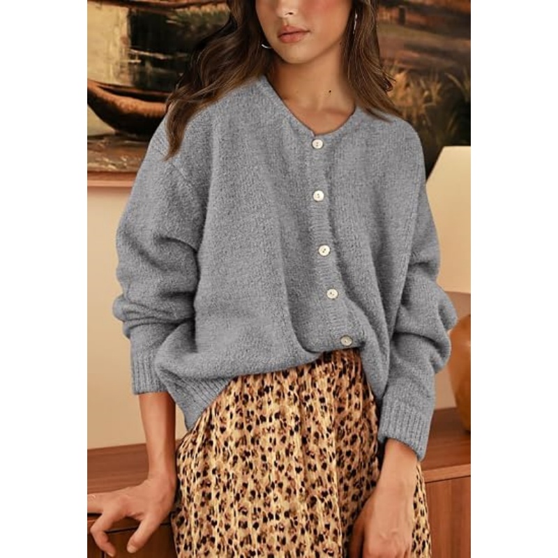 Women Fall Crewneck Button‑Down Knit Cardigan Long Sleeve Drop‑Shoulder Loose Cropped Textured Knit Outerwear