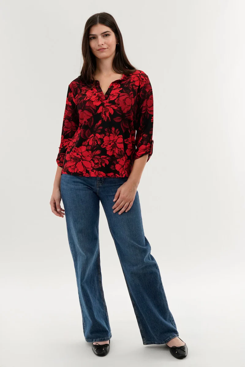 Floral Split Neck Blouse - Red