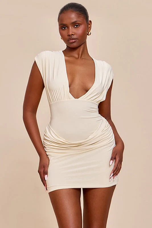 Chic Ivory Draped Pleated Mini Dress