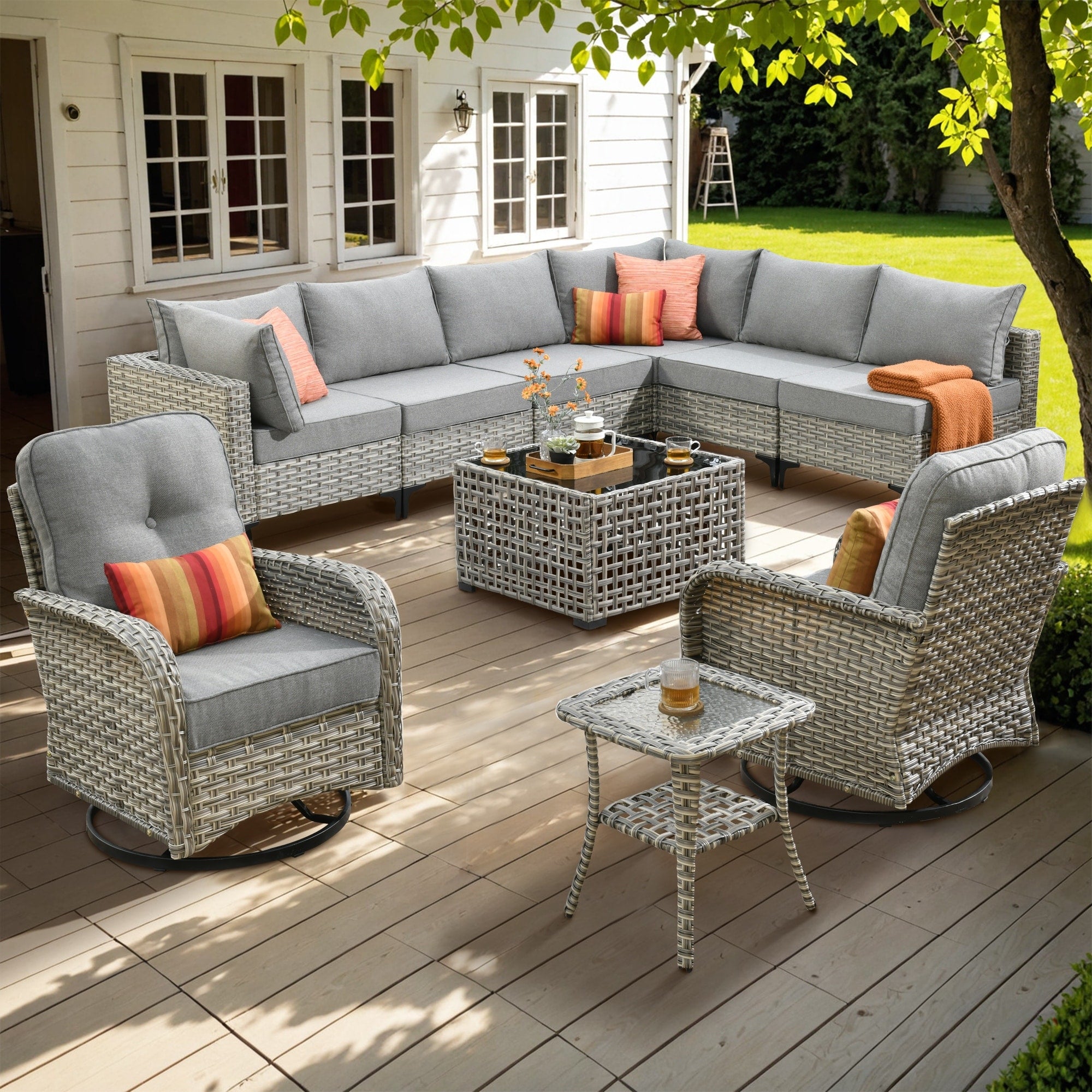 XIZZI 10-piece Patio Furniture Wicker Sectional Set with Swivel Chair