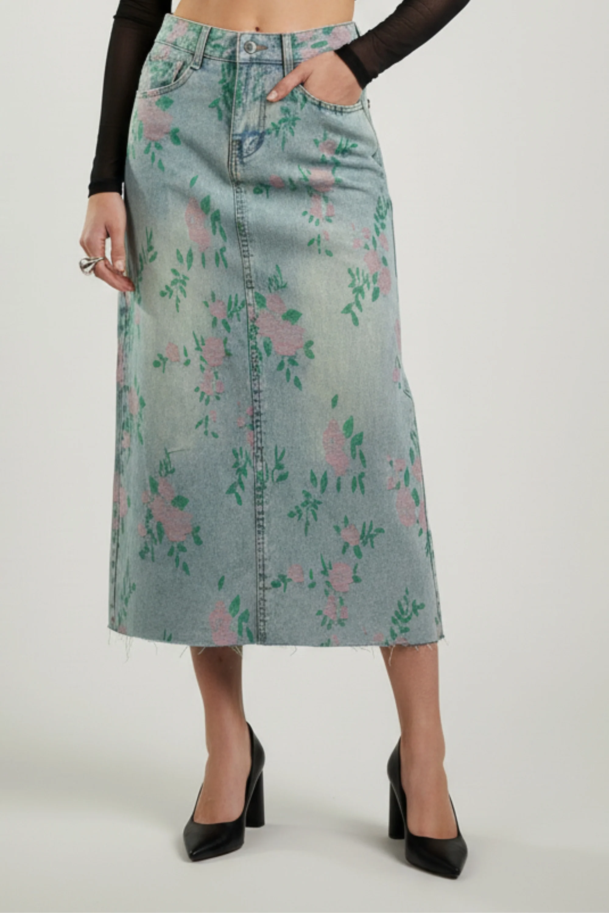 Woven Floral Pattern Denim Skirt