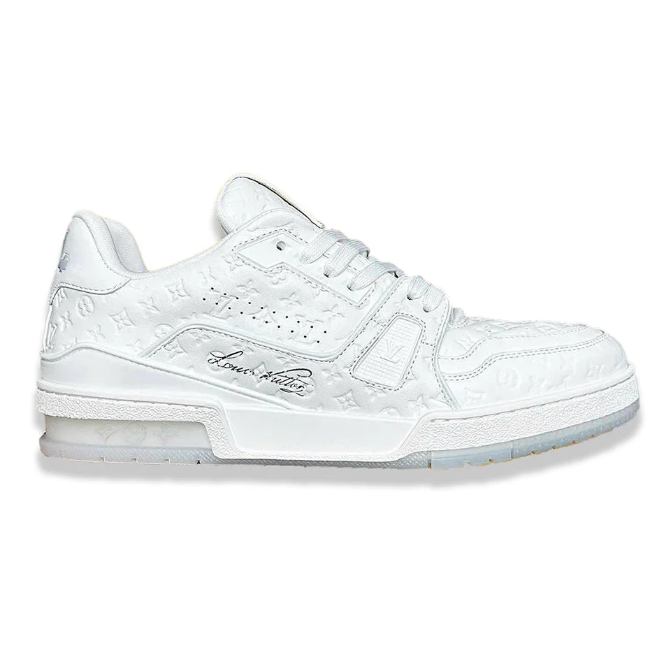 L.V  Trainer Sneaker – Triple White Monogram Embossed Edition
