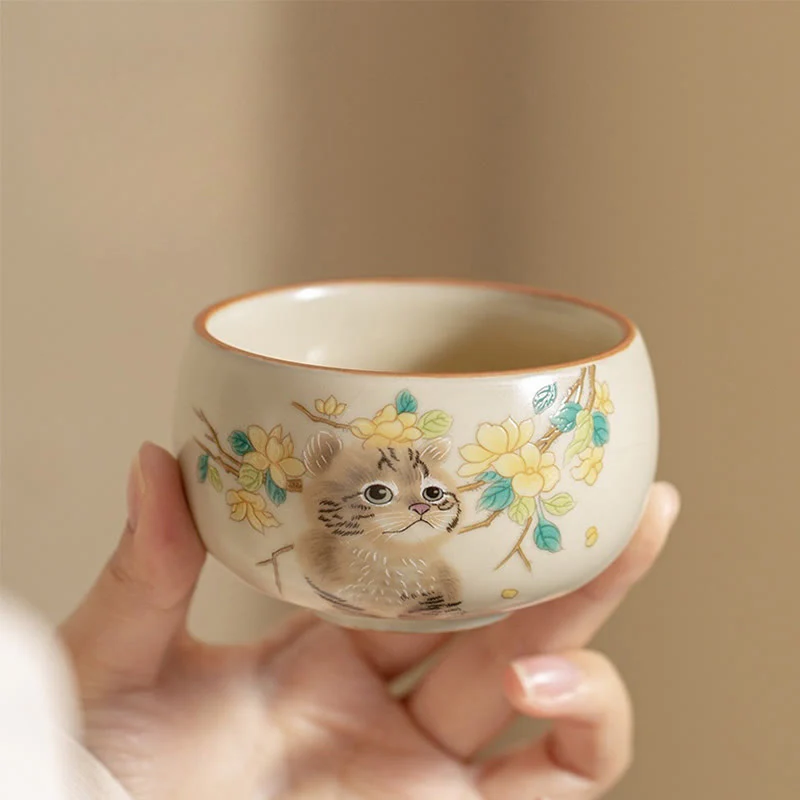 Cute Cat Yellow Flowers Rabbit Teacup Kung Fu Tea Cup