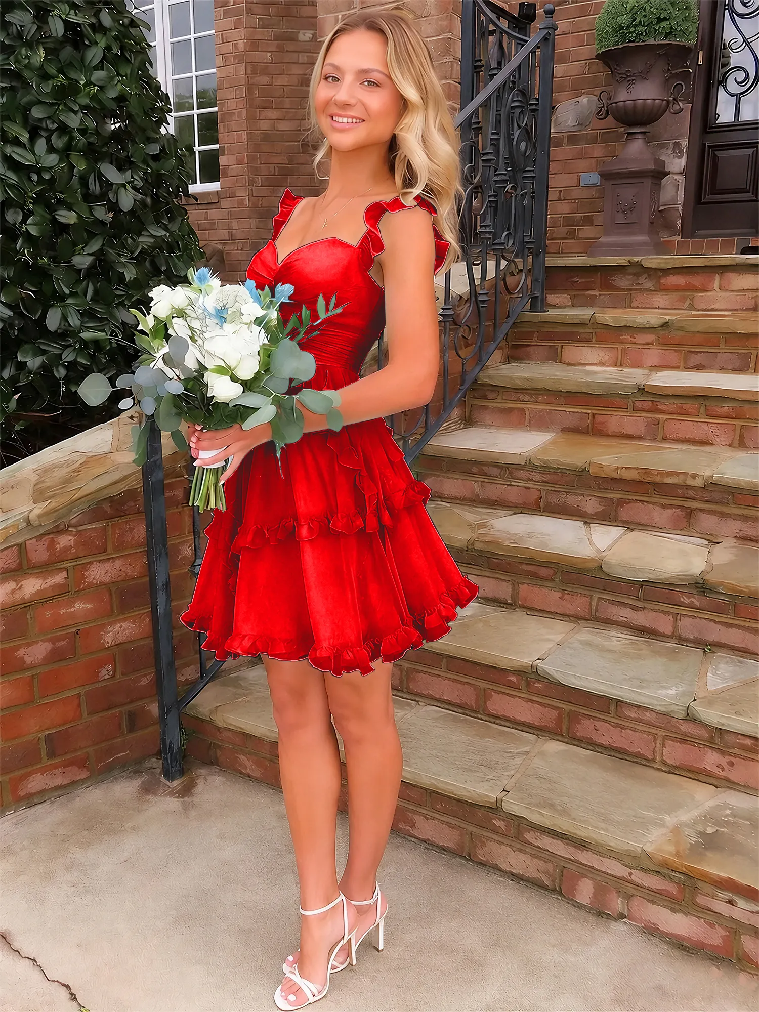 Sweetheart Ruffle Strap Tiered Chiffon Mini Homecoming Dress