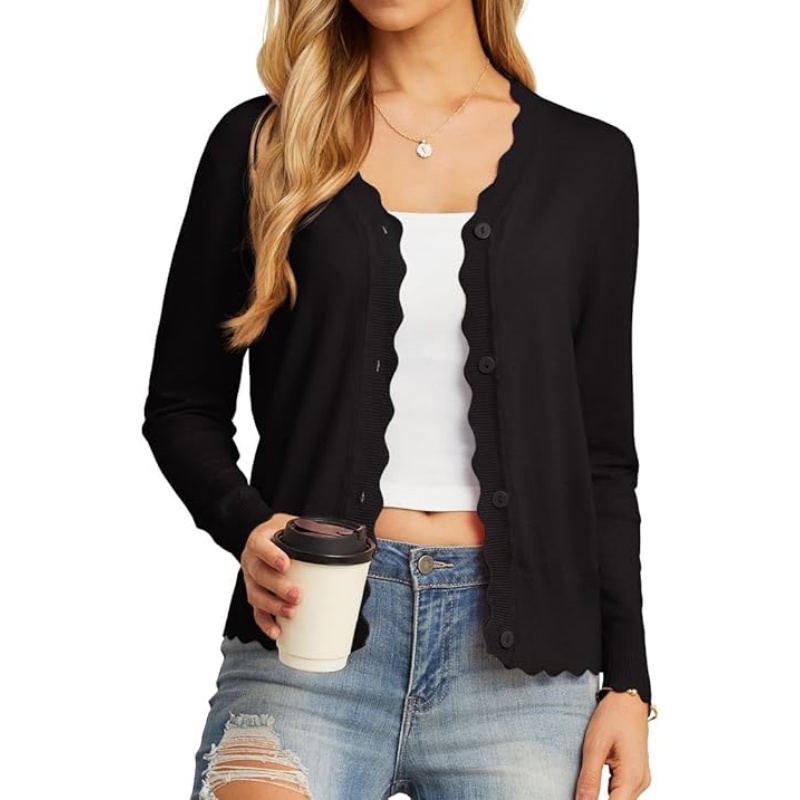 Women Lightweight Button‑Down Knit Cardigan Scalloped V‑Neck Long Sleeve Cropped Casual Knit Outerwear 2026 Fall Fashion