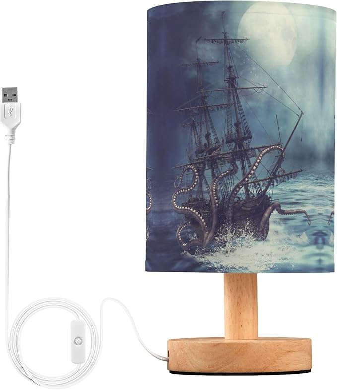 Table Lamp Octopus Pirate Ship Sea Monster Tentacle Sailboat Night Ocean Wave Nightstand Lamp