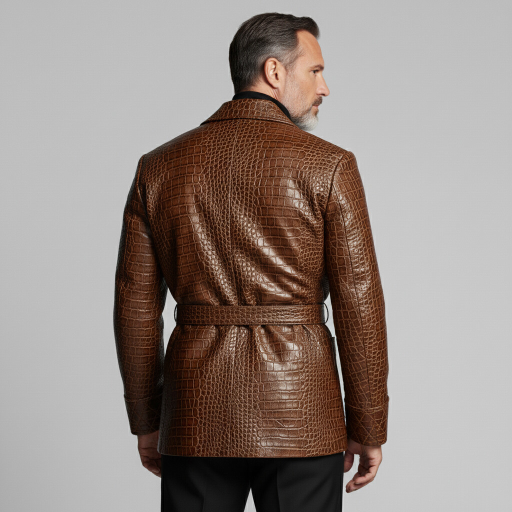 Men's Brown Crocodile PU Leather Shawl Lapel Long Sleeve Pocket Belt Blazer