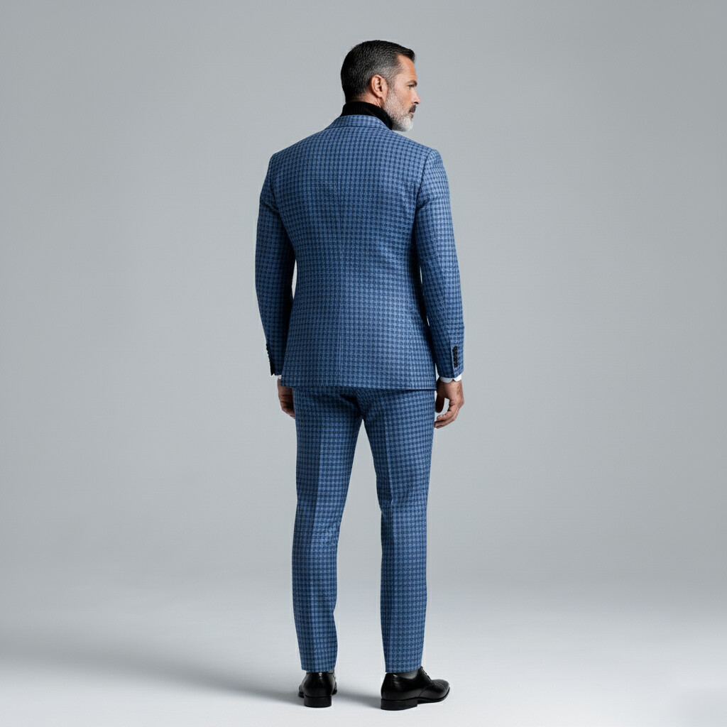 Men's Blue Plaid Notch Lapel Single Breasted Long Sleeve Blazer & Suit Pants 2Pcs Set