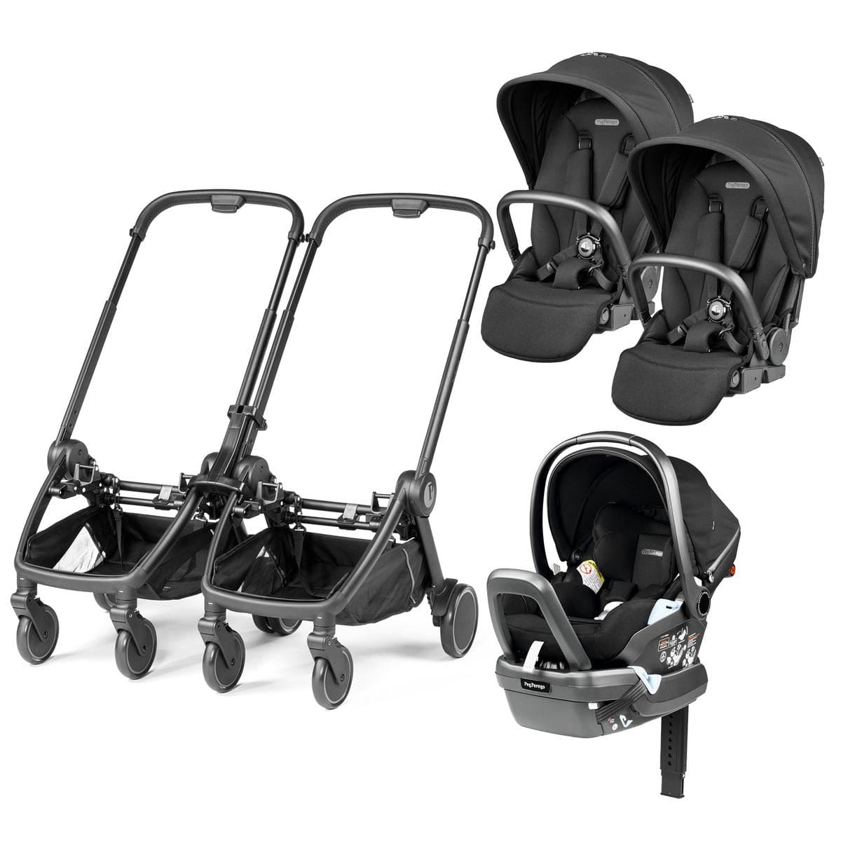 PEG City Loop Double Stroller + Primo Viaggio Lounge Travel System Bundle - Black / True Black / True Black