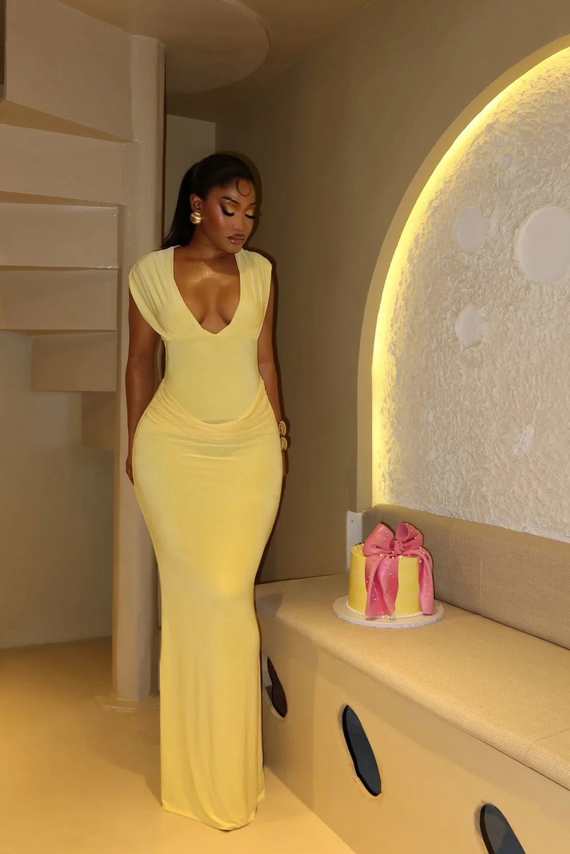 Chic Lemon Ruched Hourglass Maxi Dress
