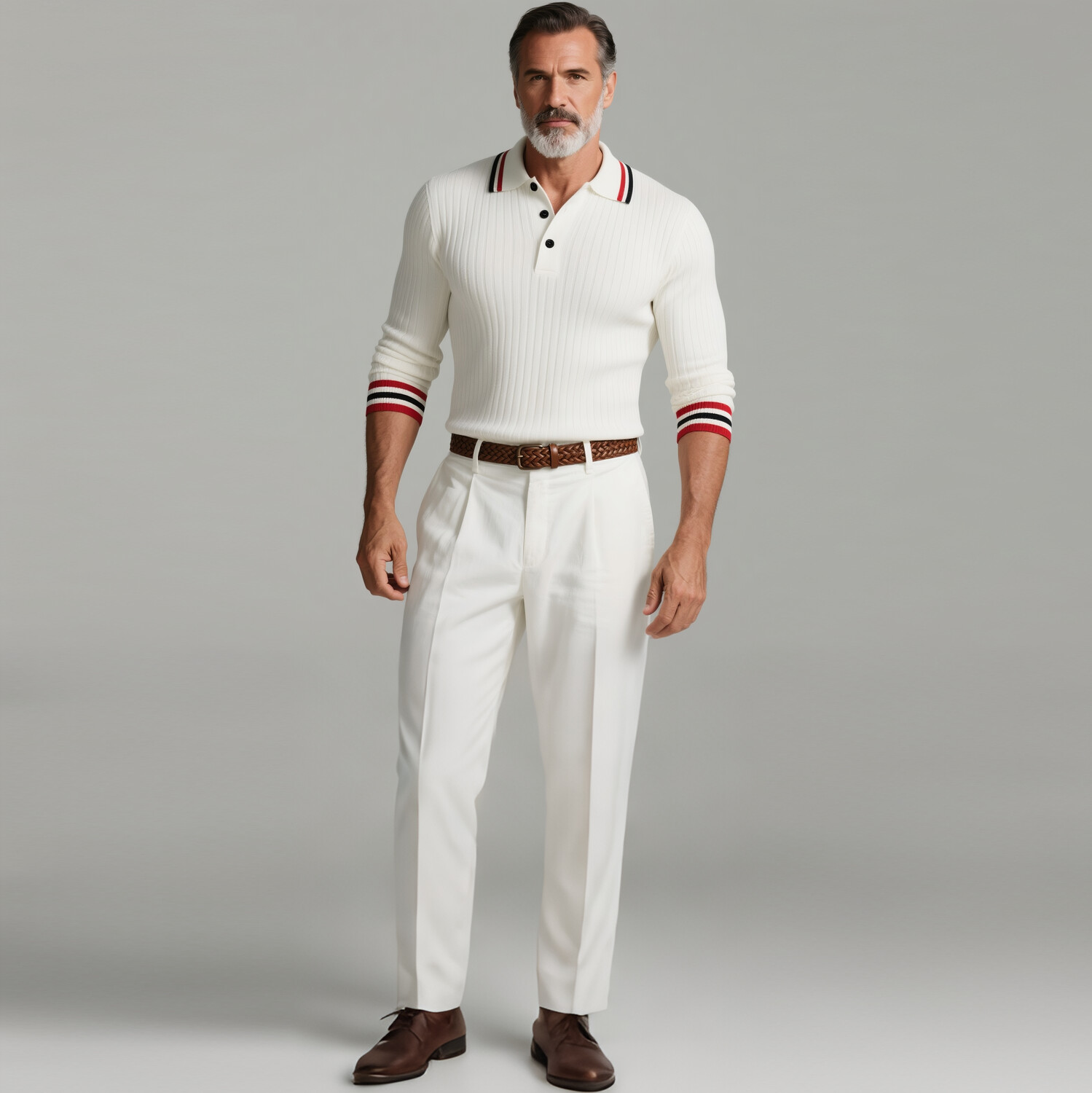 Men's Contrast Striped Trim Half Button Long Sleeve Ribbed Knit Polo Shirt