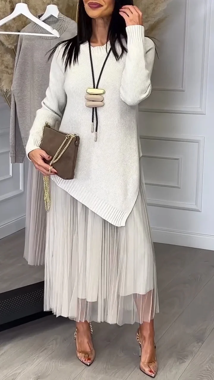 Ladies Inner Mesh Pleated Dress+ Irregular Knitted Sweater Casual Set