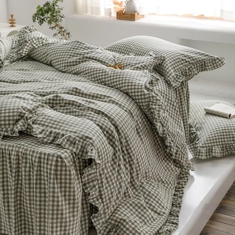 Green Gingham Ruffle Duvet Cover Queen