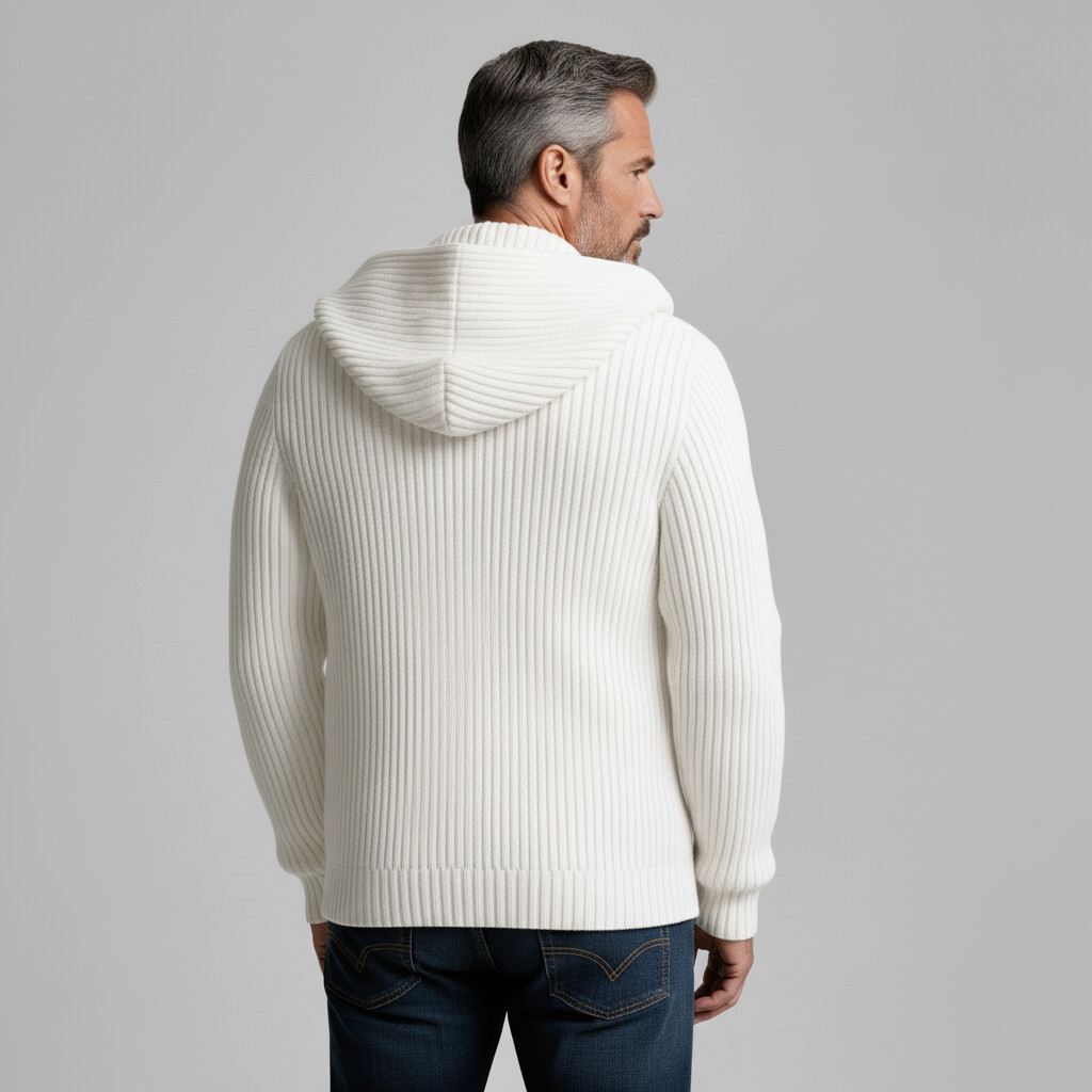 Men's White Ribbed Knit Pockets Long Sleeve Hooded Sweater Cardigan
