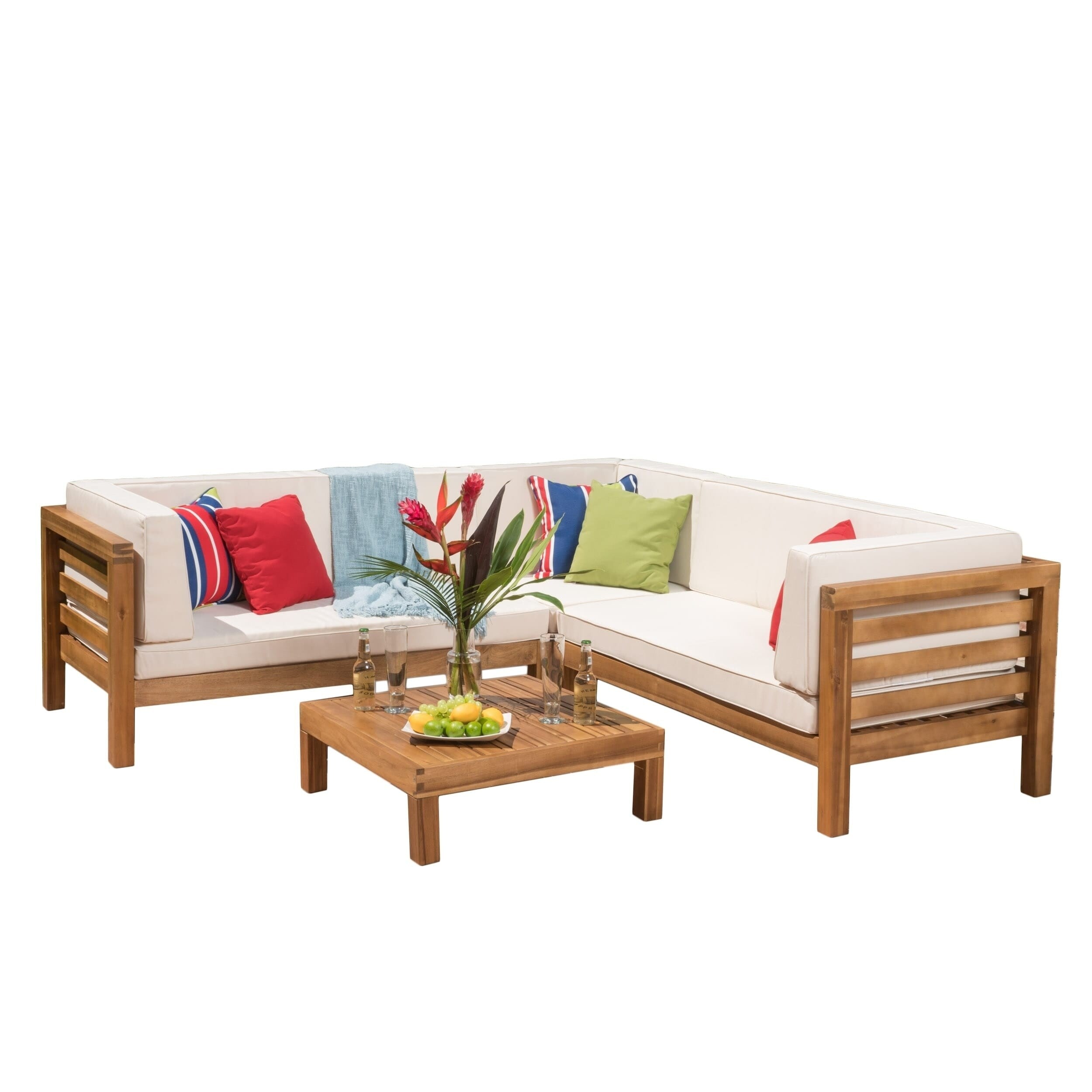 Oana Outdoor 5 Seater V Shaped Mid-Century Modern Acacia Wood Sectional Sofa Set with Coffee Table by Christopher Knight Home