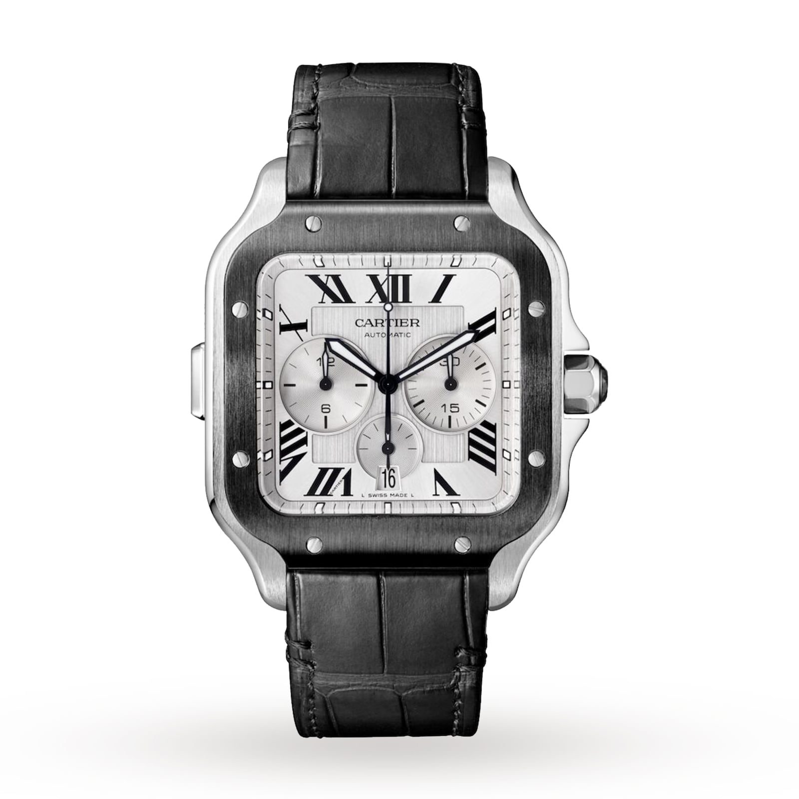 Cartier Santos De Cartier Chronograph Watch Extra-Large Model, Automatic Movement, Steel, ADLC, Interchangeable Rubber And Leather Bracelets-P17311001