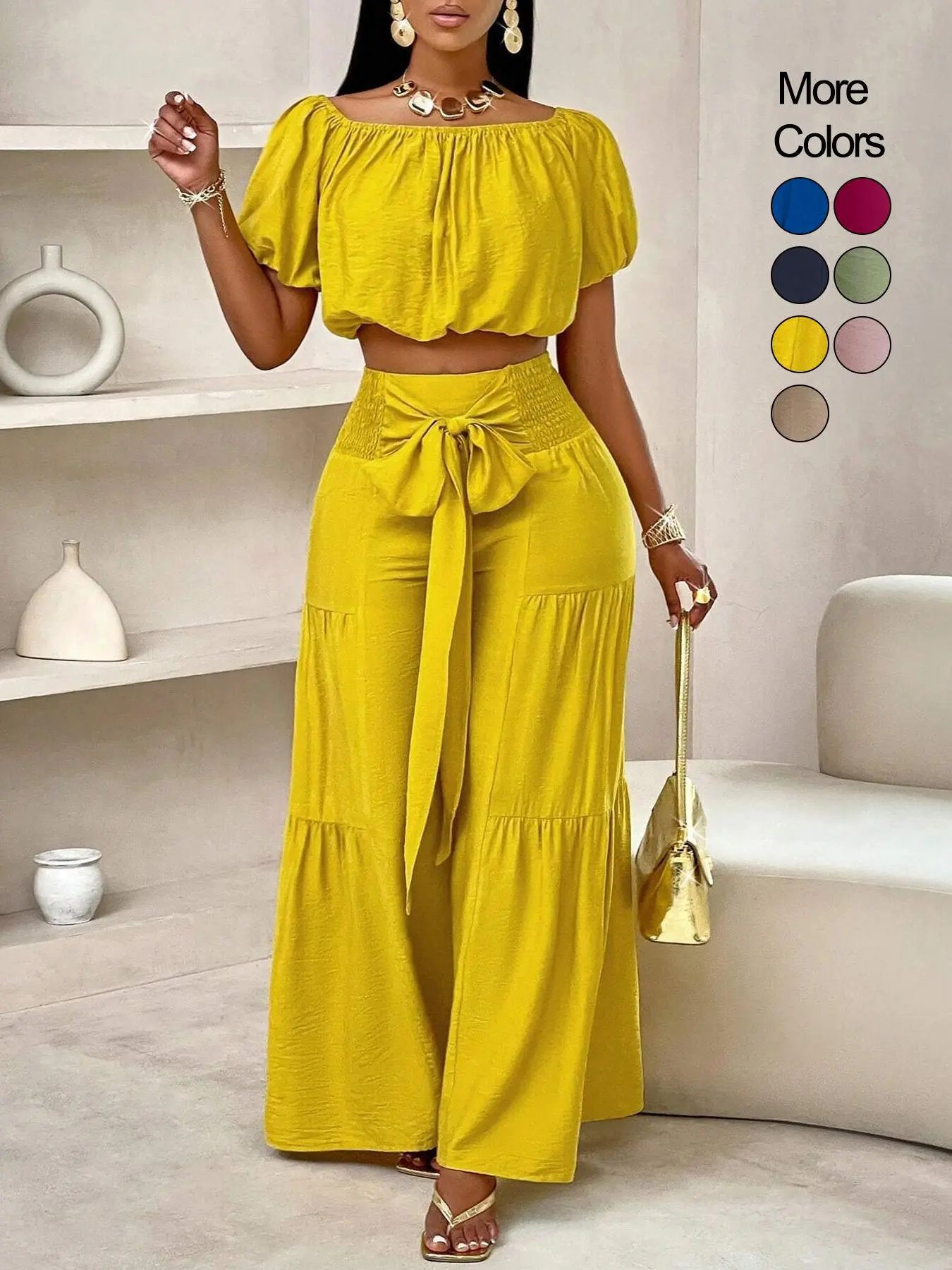 Summer Beach Vacation Bow Shoulderless Round Neck Shirt Wide Leg Pants Set, Casual Loose-Fitting, Women's Fashion, Womenswear