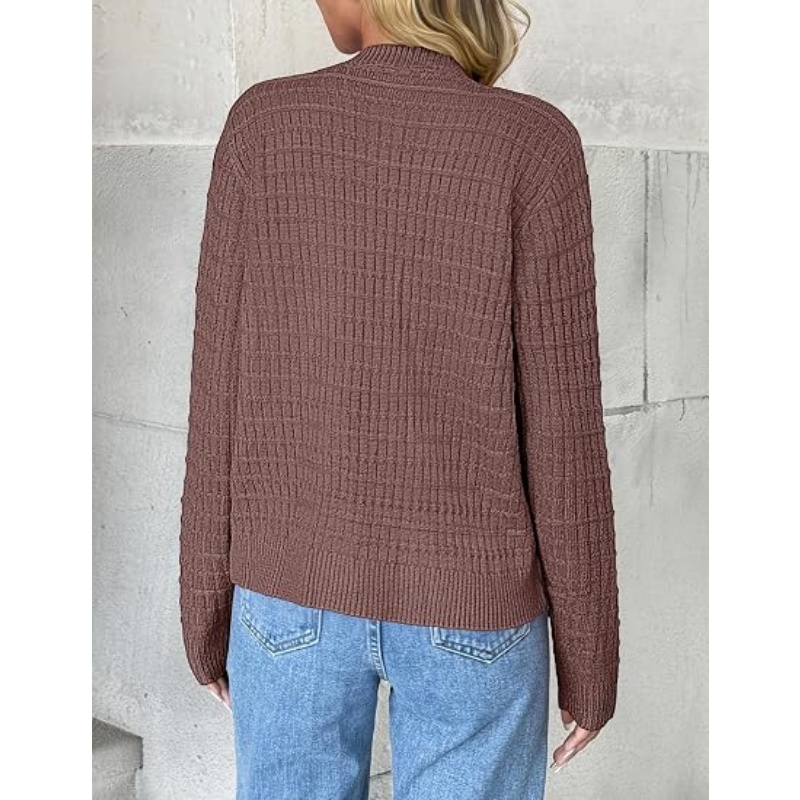 Women 2026 Fall Cropped Knit Cardigan Jacket Crew Neck Textured Waffle Knit Long Sleeve Button‑Front Casual Knit Outerwear
