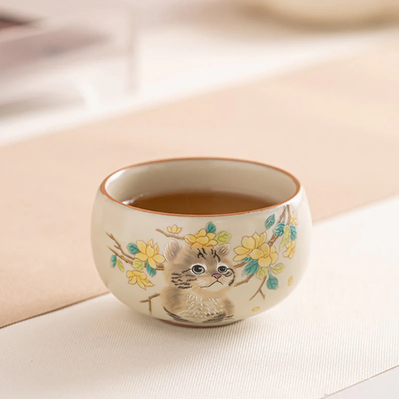 Cute Cat Yellow Flowers Rabbit Teacup Kung Fu Tea Cup