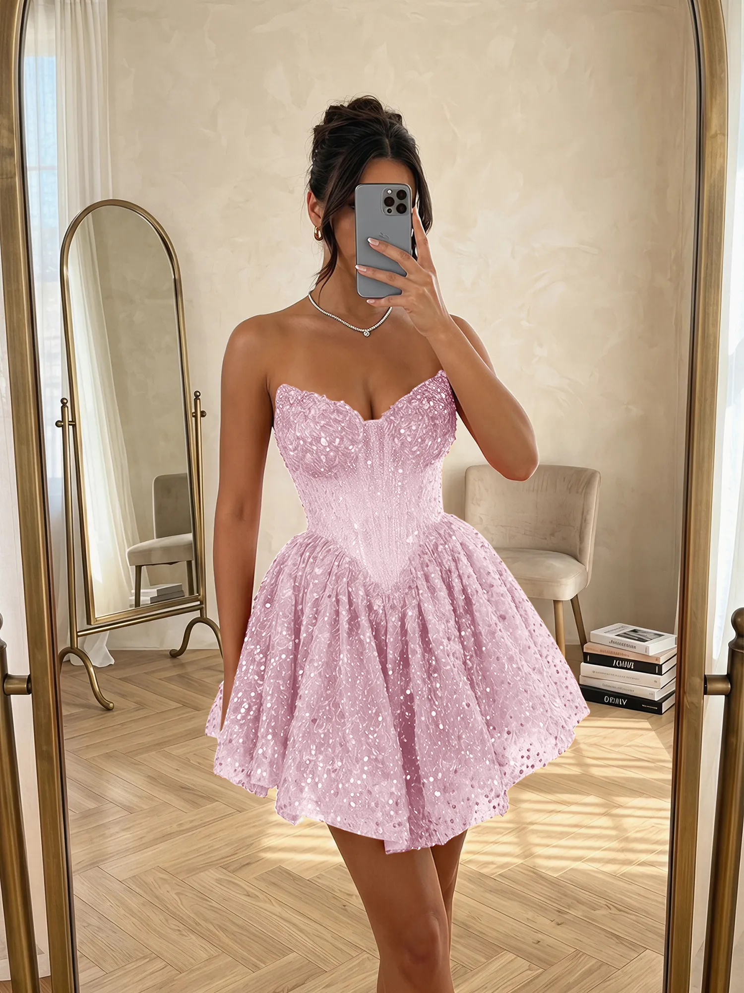Sequin Strapless Sweetheart Mini Homecoming Dress with Ruffled Skirt
