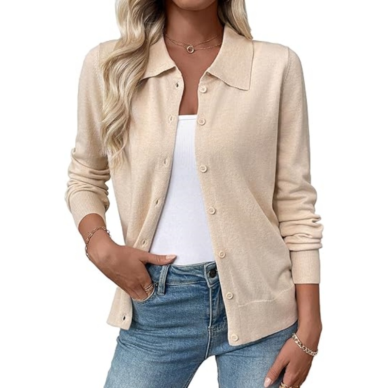 Women Lightweight Collared Button‑Down Knit Cardigan Long Sleeve Lapel Collar Casual Knit Outerwear Fall Fashion Outfits