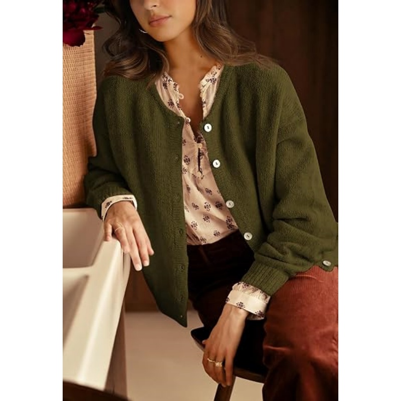 Women Fall Crewneck Button‑Down Knit Cardigan Long Sleeve Drop‑Shoulder Loose Cropped Textured Knit Outerwear