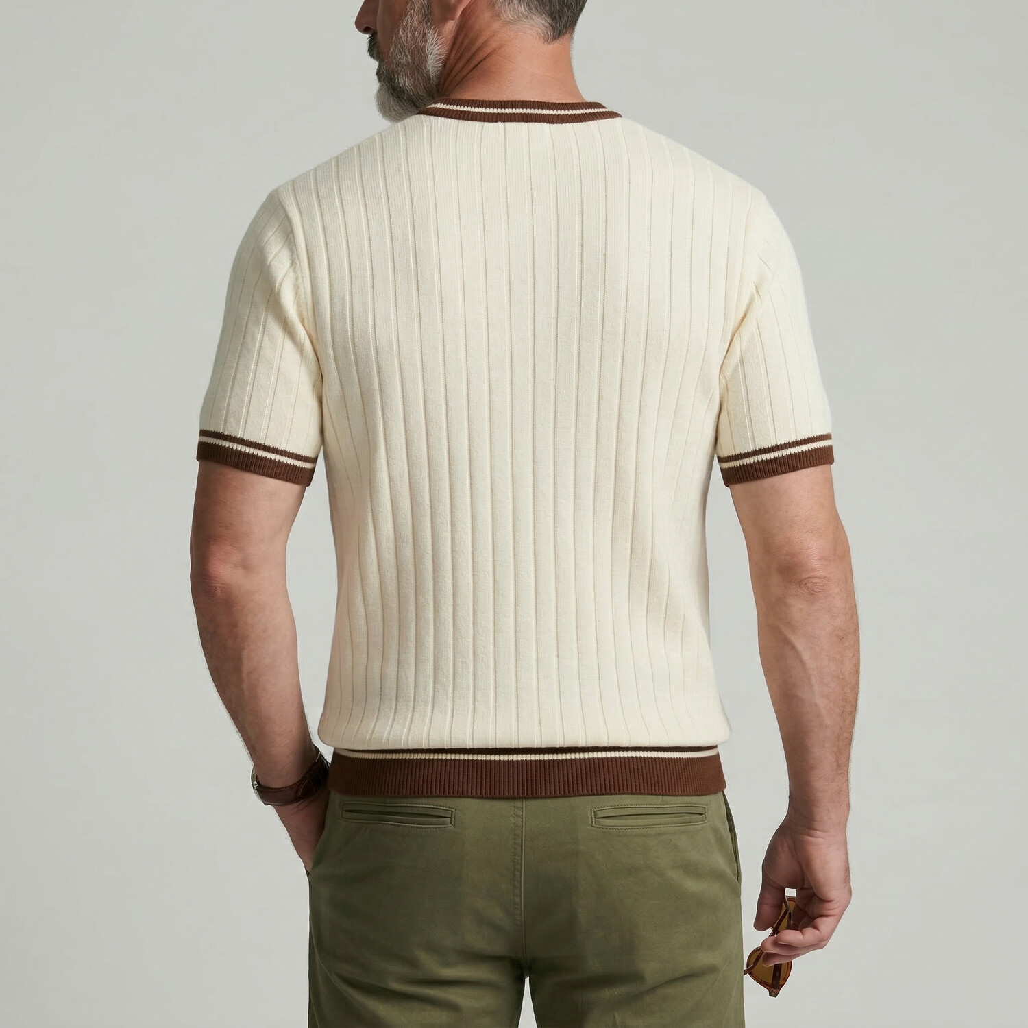 Men's Business Casual Contrast Trim Chest Pocket Crew Neck Ribbed T-Shirt