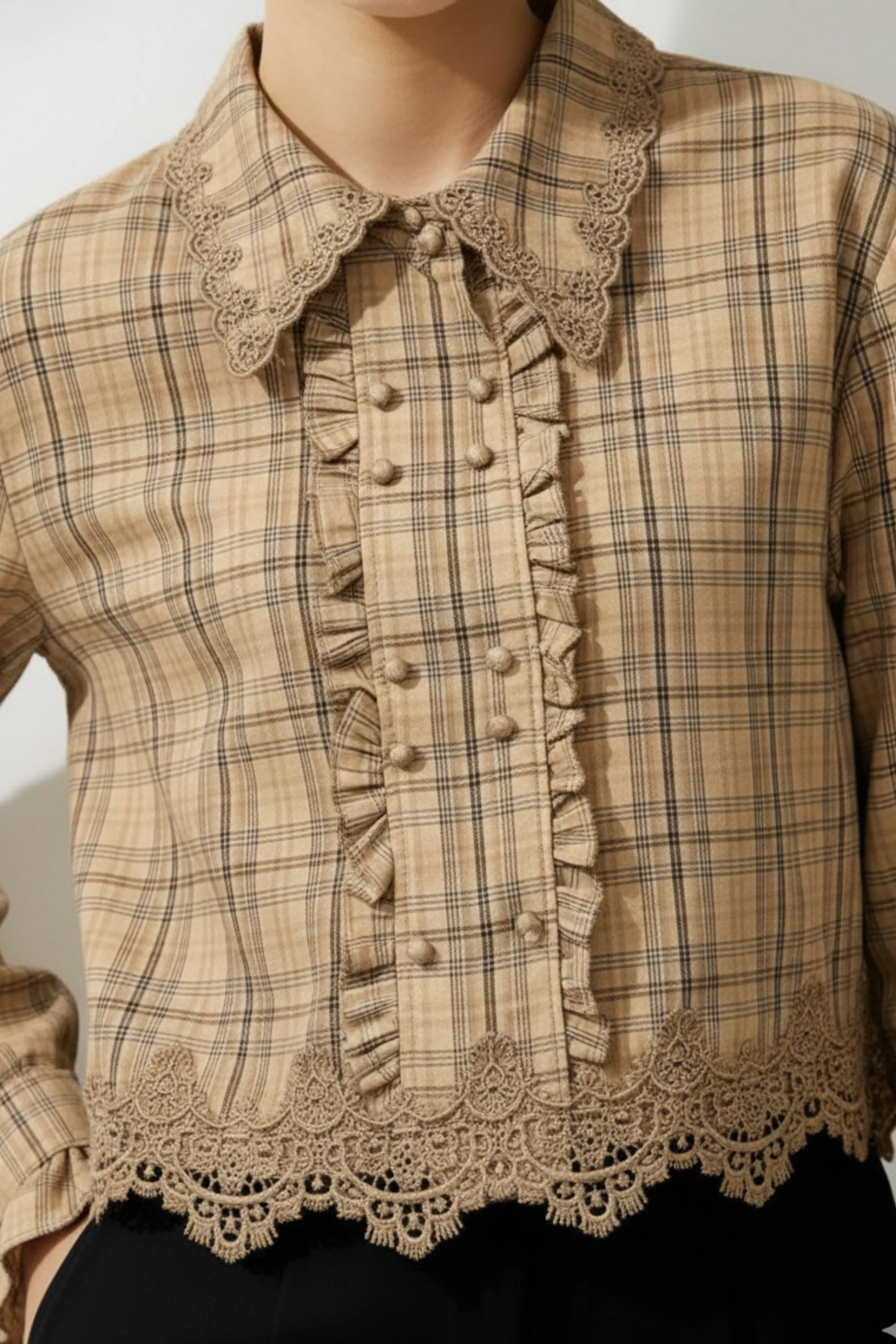 Caramel Plaid Lace Hem Ruffle Shirt