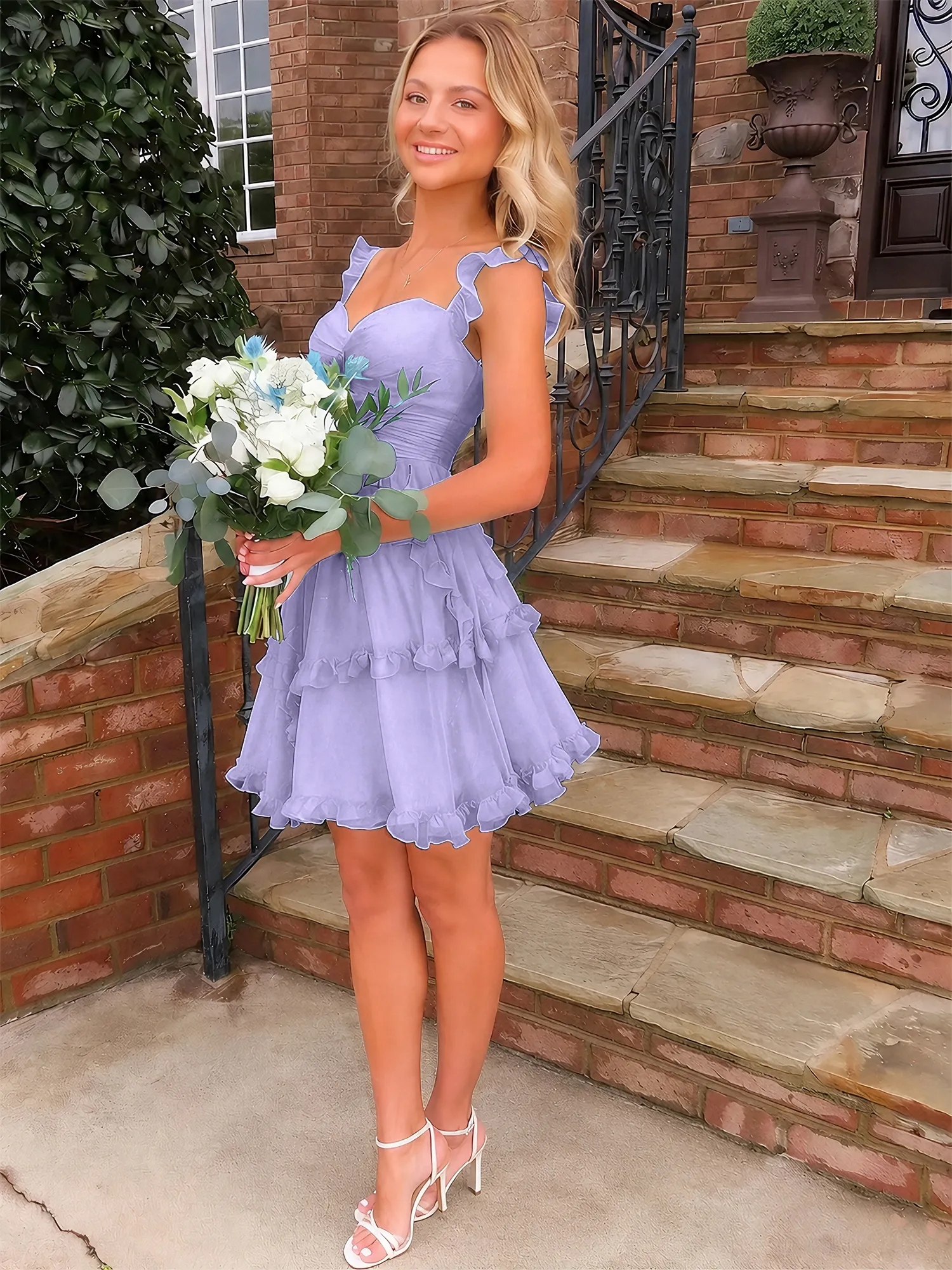 Sweetheart Ruffle Strap Tiered Chiffon Mini Homecoming Dress