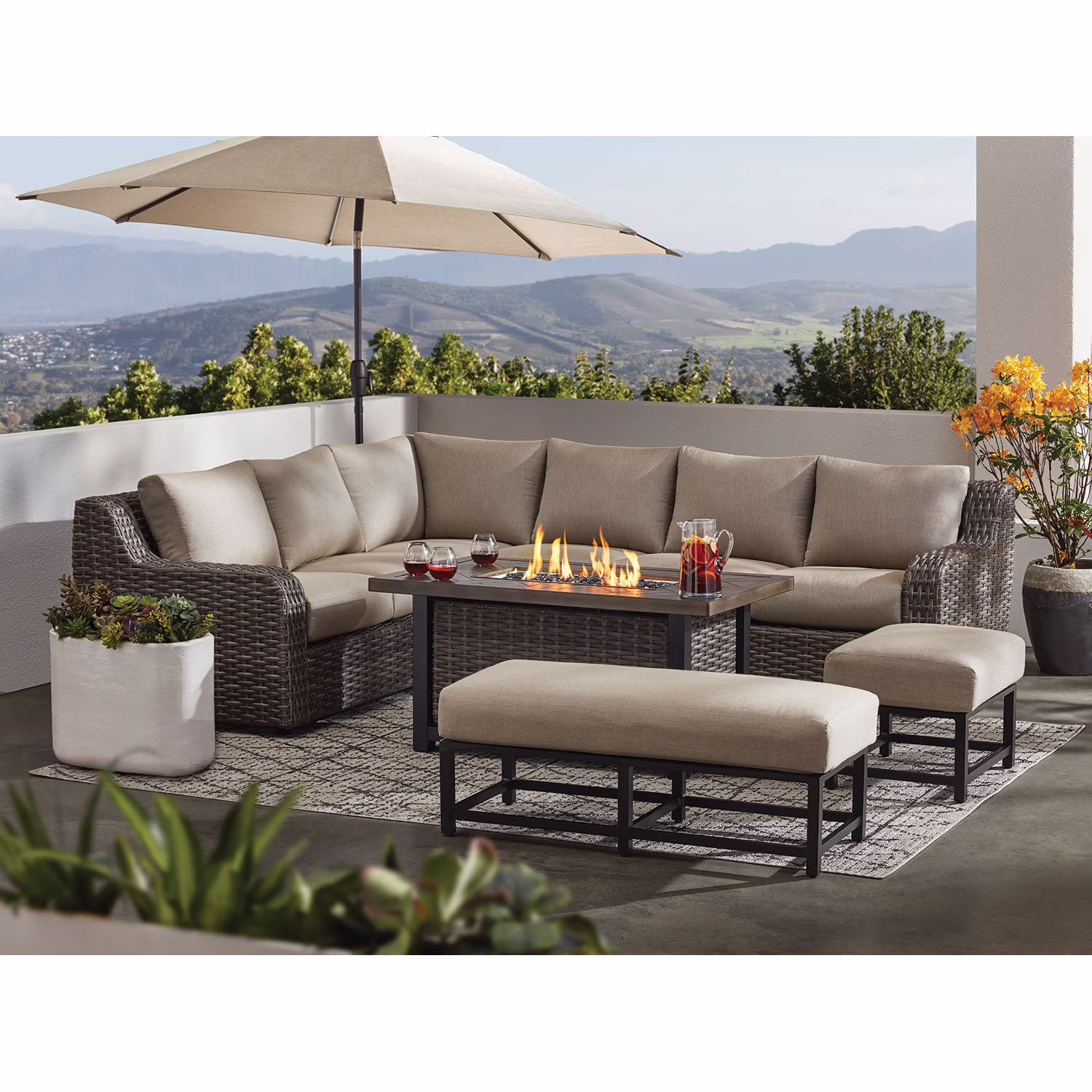 Athena 7-Piece Sectional with Firepit(FREE 120'' Cantilever Umbrella)