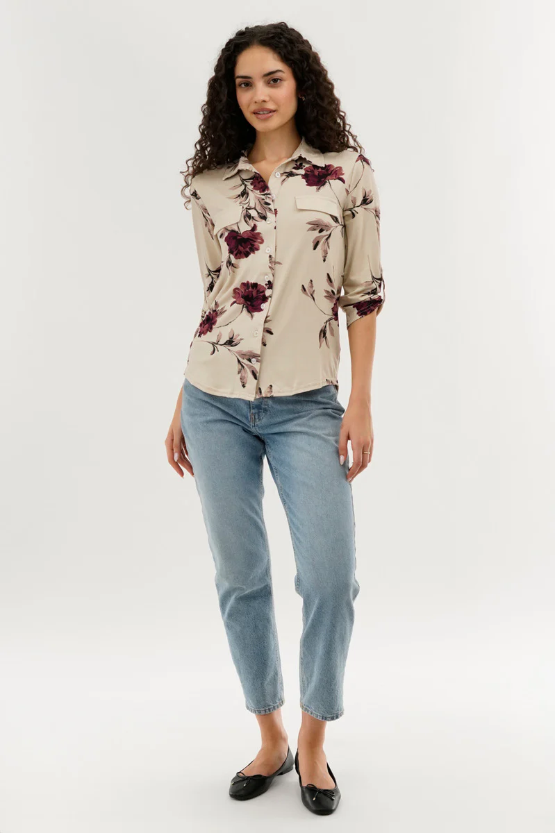 Floral Button Up Blouse - Beige
