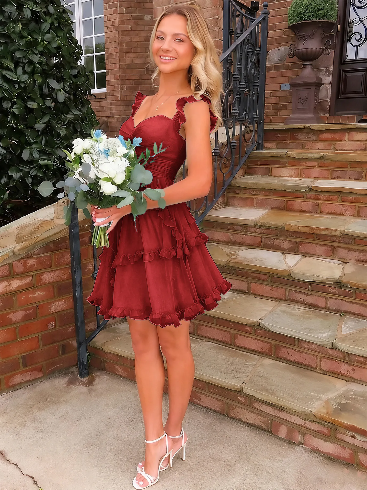 Sweetheart Ruffle Strap Tiered Chiffon Mini Homecoming Dress