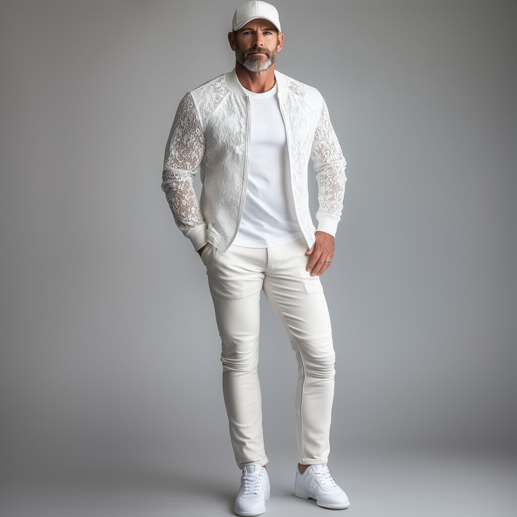 Men's Lace Hollow Out Long Sleeve Zip Up Bomber Jacket