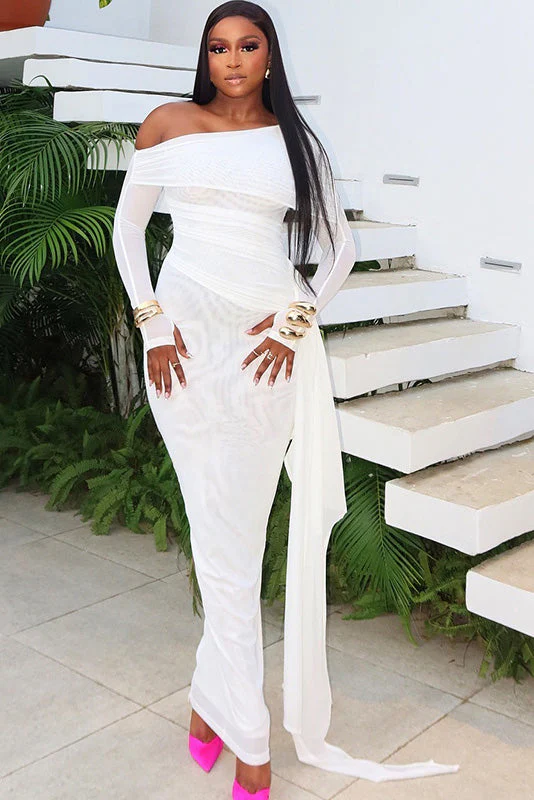 Mesh White One-Shoulder Maxi Dress