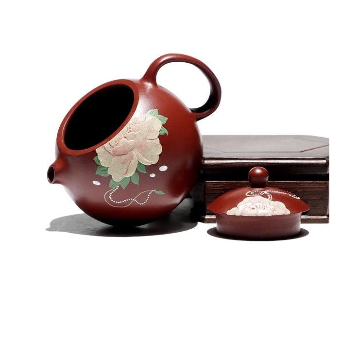 Pufferfish Xishi Yixing Teapot, Peony Art, Da Hong Pao Zhu Ni Clay 150ml