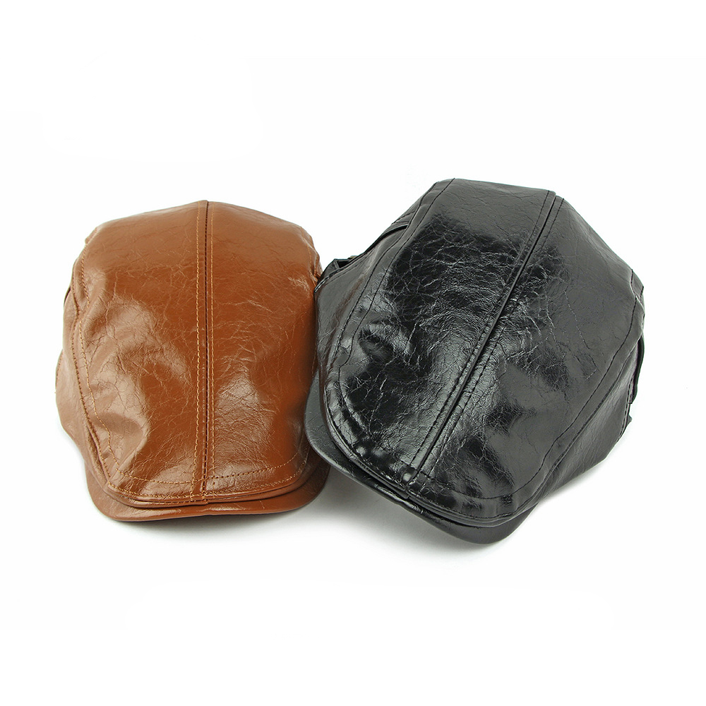 Men's Retro Coffee PU Leather Adjustable Buckle Fleece-Lined Keep Warm Newsboy Cap