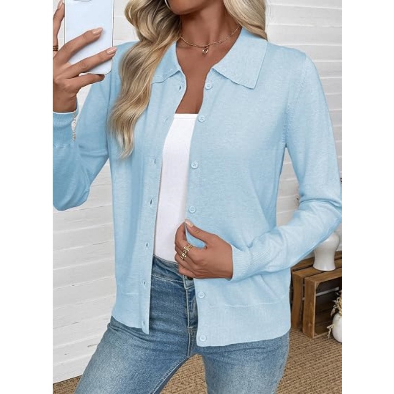 Women Lightweight Collared Button‑Down Knit Cardigan Long Sleeve Lapel Collar Casual Knit Outerwear Fall Fashion Outfits