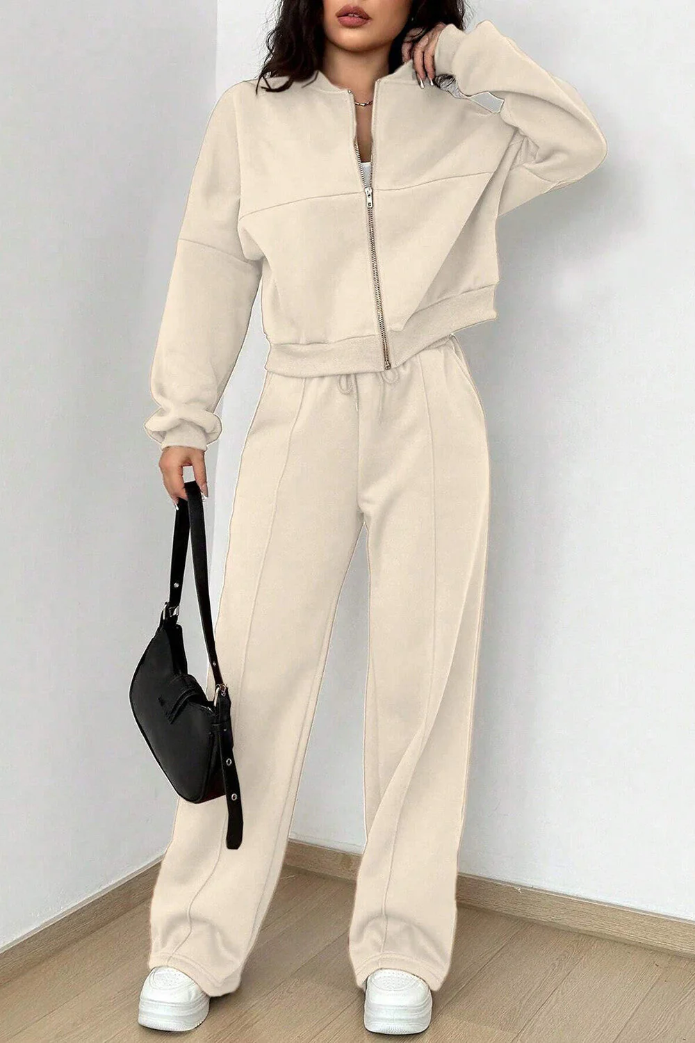 Zipper Long Sleeve Track Jacket Solid Color Wide Leg Pants Set-Black