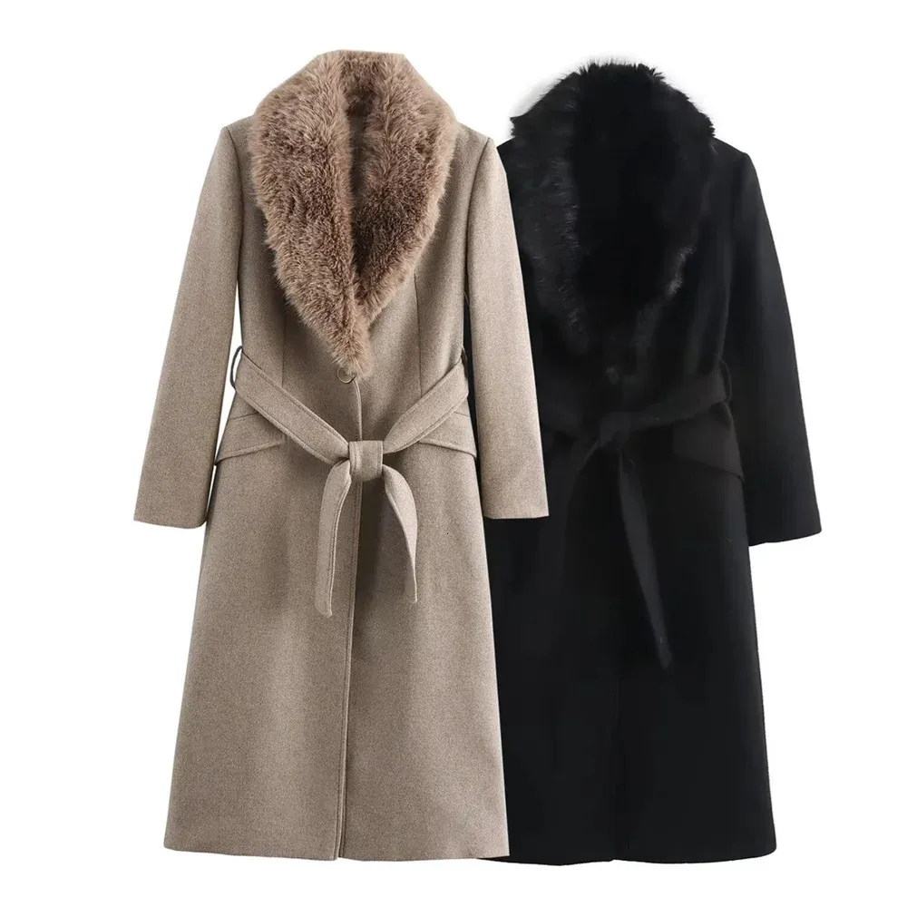 Women's Long Sleeve Lapel Single Breasted Coat with Belt Pocket - Warm Winter & Autumn Outerwear