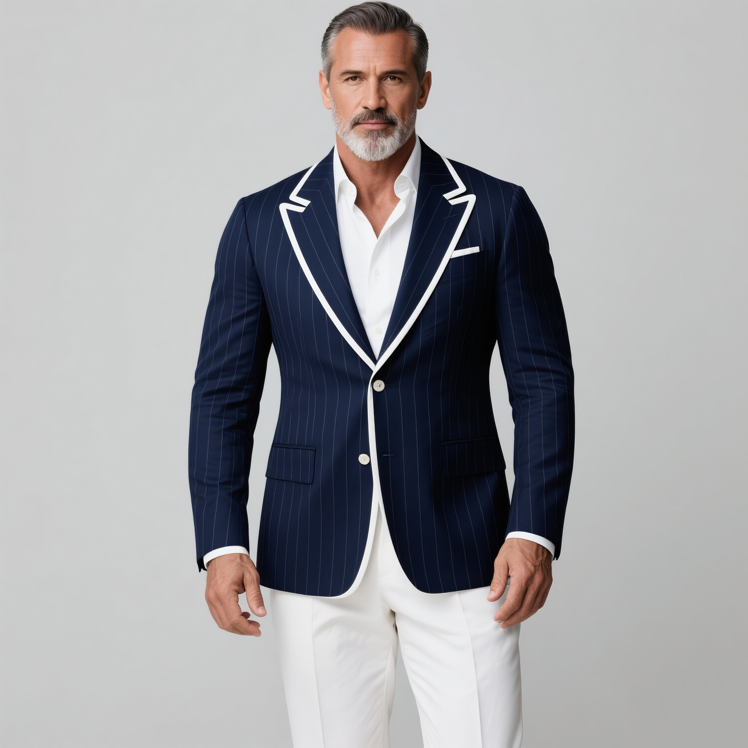 Men's Pinstriped Peak Lapel Two Button Contrast Binding Long Sleeve Blazer