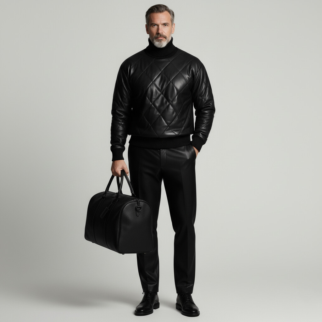 Men's Black Knit Trim Turtleneck Long Sleeve Quilted PU Leather Sweatshirt