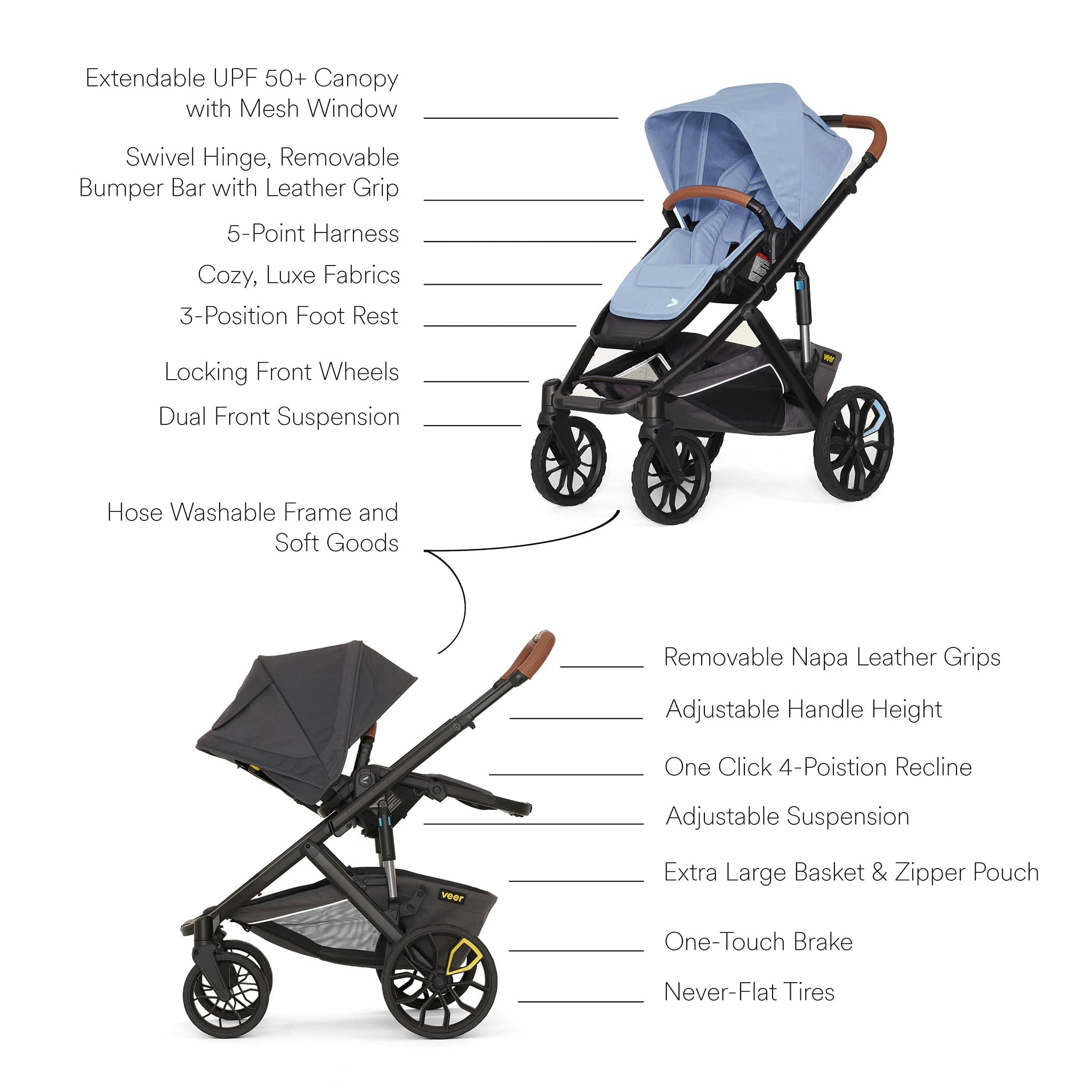 Veer Switch&Roll Luxe Single-to-Double Stroller Bundle with Leather Kit - Blue Beryl