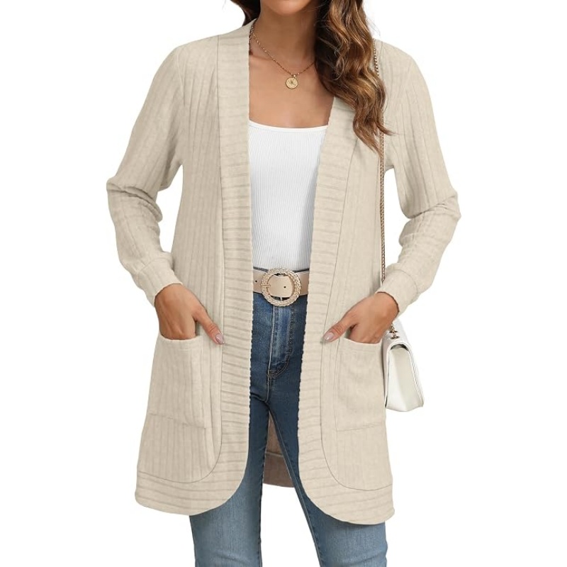 Women Striped Ribbed Knit Cardigan Open Front Long Sleeve Mid‑Length Casual Sweater Cardigan with Side Pockets